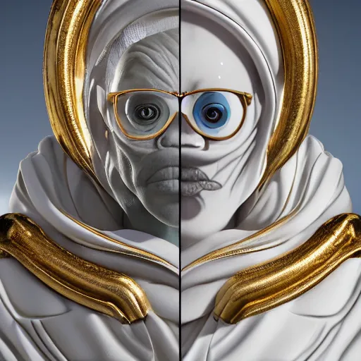 Image similar to a statue made of white marble with gold veins, of pepe the frog as general patton, full body shot, perfect symmetrical body, perfect symmetrical face, hyper realistic, hyper detailed, by johannen voss, by peter kemp, by monia merlo, by michelangelo, octane render, blender, 8 k