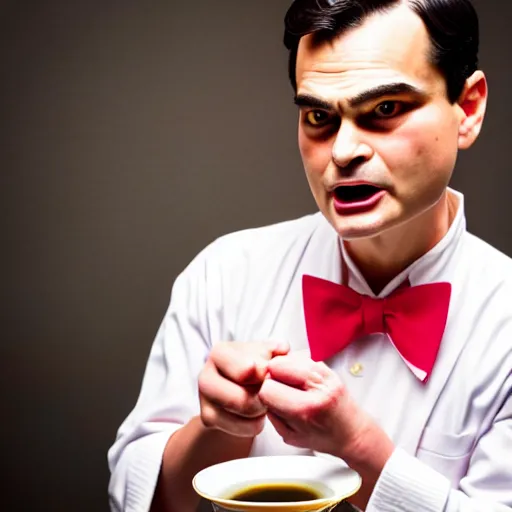 Prompt: close - up of ben shapiro angrily serving you tea at a japanese maid cafe, frilly outfit, depth of field, 3 5 mm, 8 k, photograph by annie leibovitz