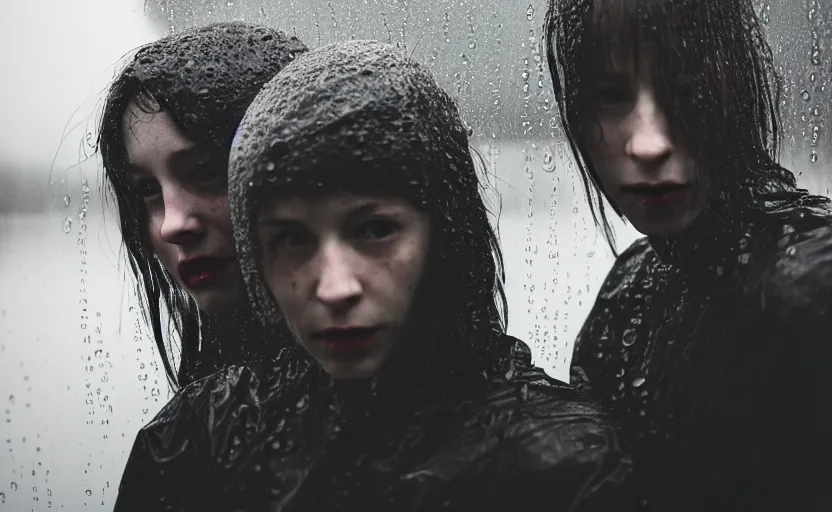 Image similar to cinestill 5 0 d candid photographic portrait by helen levitt of two loving female androids wearing rugged black mesh techwear in treacherous waters, extreme closeup, modern cyberpunk moody depressing cinematic, pouring rain, 8 k, hd, high resolution, 3 5 mm, f / 3 2, ultra realistic faces, ex machina