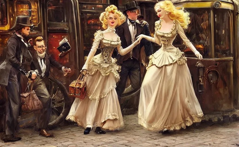 Image similar to A beautiful lady with blonde hair in a steampunk suit with a long skirt leaves the train of the Victorian era, by Konstantin Razumov, horror scene, highly detailded