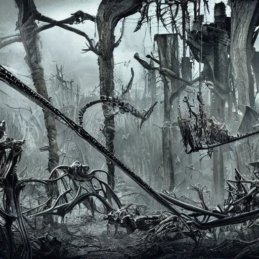 Image similar to exotic forest of bones and spiderwebs, post apocalyptic, hyper detailed