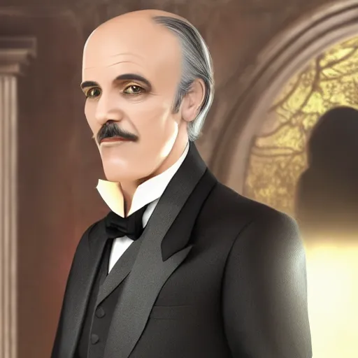 Image similar to older fantasy butler that looks similar to michael kane, full body portrait, handsome, 4 k, tarot card style, photo realistic, balding, well dressed, pet rat on shoulder