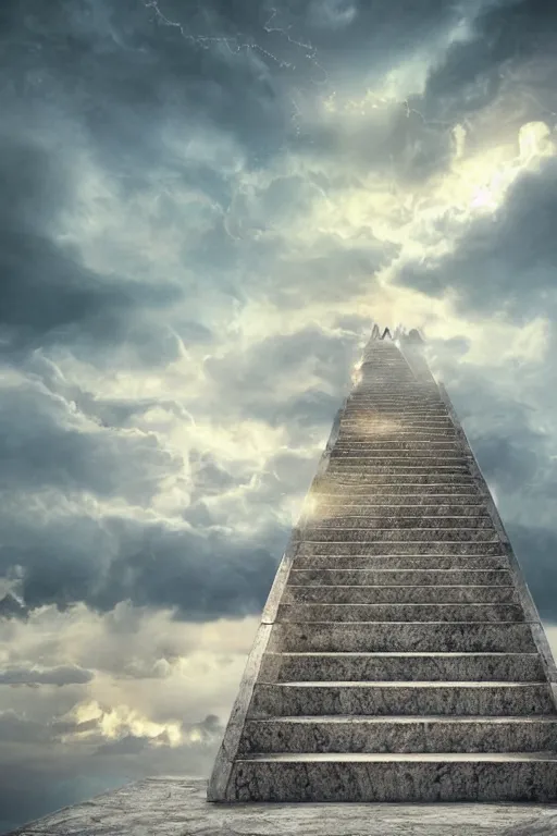 Image similar to infinite stairs rising to the heaven in the middle of the sky, concept art, octane render, unreal engine 5, digital painting, hyperrealistic, highly detailed, high quality, 8 k hdr, digital art, clouds in the sky, breathtaking view, path traced, god, godrays, beautiful, elegant, harmonious, complementary colors, natural lighting