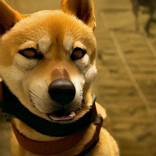 Image similar to A man in post-apocalyptic clothes wearing a latex mask of a Shiba Inu as Robert Neville in I Am Legend (2007), film grain, dof, chromatic aberration