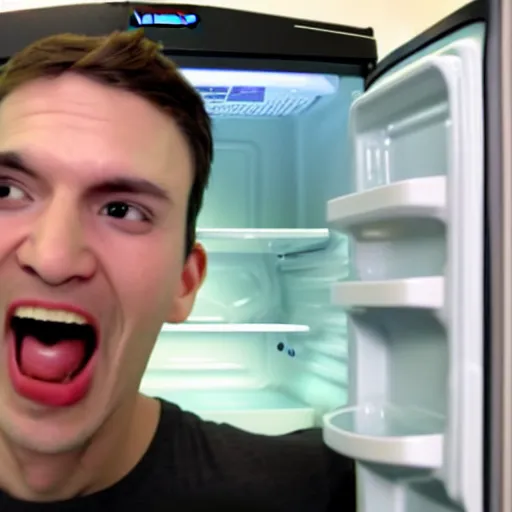 Prompt: still from a velociraptor's vlog complaining about his samsung refrigerator