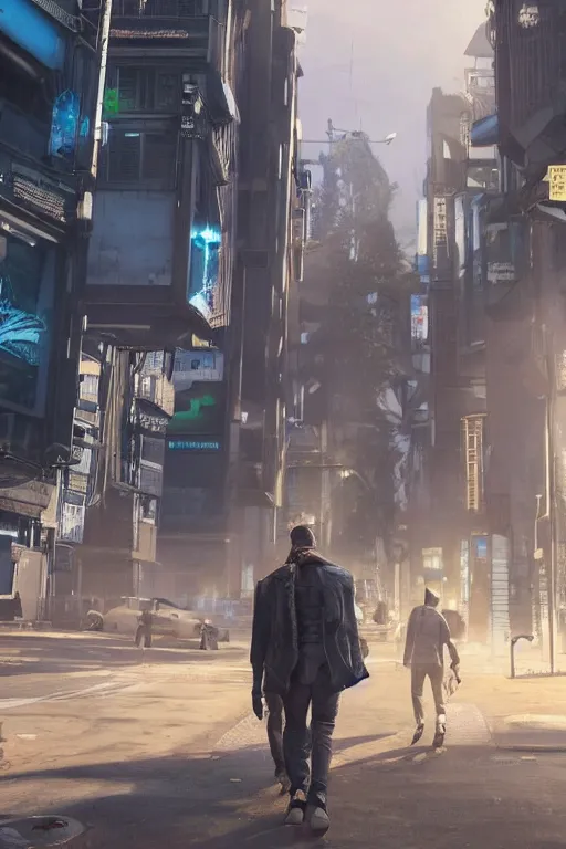 Image similar to in the foreground a Parisian street, in the background a brown man from the back with blue energy wings coming out of his back wearing a long matrix style jacket and starting to fly away, realistic, high definition, great details, dramatic scene, detailed and realistic hands, symmetrical face, realistic eyes, cyberpunk art 2077