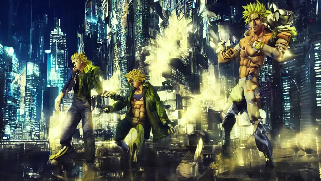 Prompt: cyberpunk dio brando with stand za warudo from jojo's bizarre adventure, in a cityscape at night with a full moon, realistic, detailed, intricate, 4 k hd, high resolution, octane render