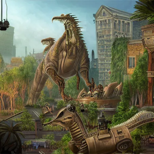 Image similar to a steampunk city where humans and dinosaurs coexist, lot of vegetation, trees, steampunk vehicles, t - rex, raptor, trending on artstation