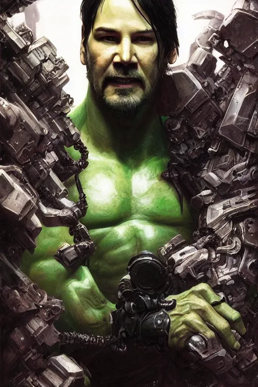 Image similar to Portrait of Keanu Reeves as green Hulk, marvel, dark, intricate, highly detailed, smooth, artstation, digital illustration by Ruan Jia and Mandy Jurgens and Artgerm and Wayne Barlowe and Greg Rutkowski and Zdislav Beksinski