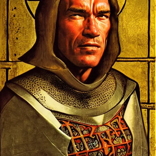 Prompt: portrait of Arnold Schwarzenegger as a medieval Crusader King of Jerusalem, by Angus McBride, Gentile Bellini, Piero della Francesca, and Arthur Rackham. HD face portrait.