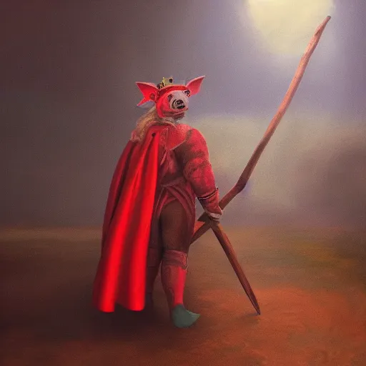 Image similar to a humanoid pig, wearing a crown, red cape and wielding a black axe, vivid colors, soft lighting, atmospheric, cinematic, moody, oil on canvas, 8 k