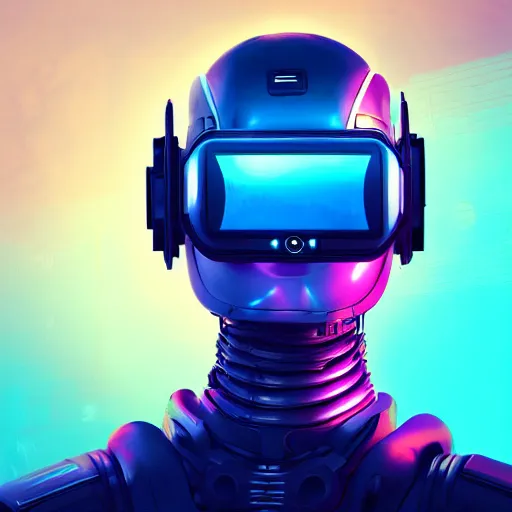 Image similar to cyberpunk concept cool cyborg bot, cinema 4 d, galaxy, cosmos, ufo, space sci - fi, wearing vr goggles, illustration, portrait, pastel neon textured background night, trending on artstation, greg rutkowski, octane rendered, 1 2 k, detailed,