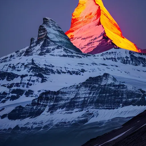 Image similar to a photo at nighttime of a powerful llumination of the matterhorn in the colors of indian flag, orange top, white middle, green base. projected illuminated on the matterhorn mountain at night