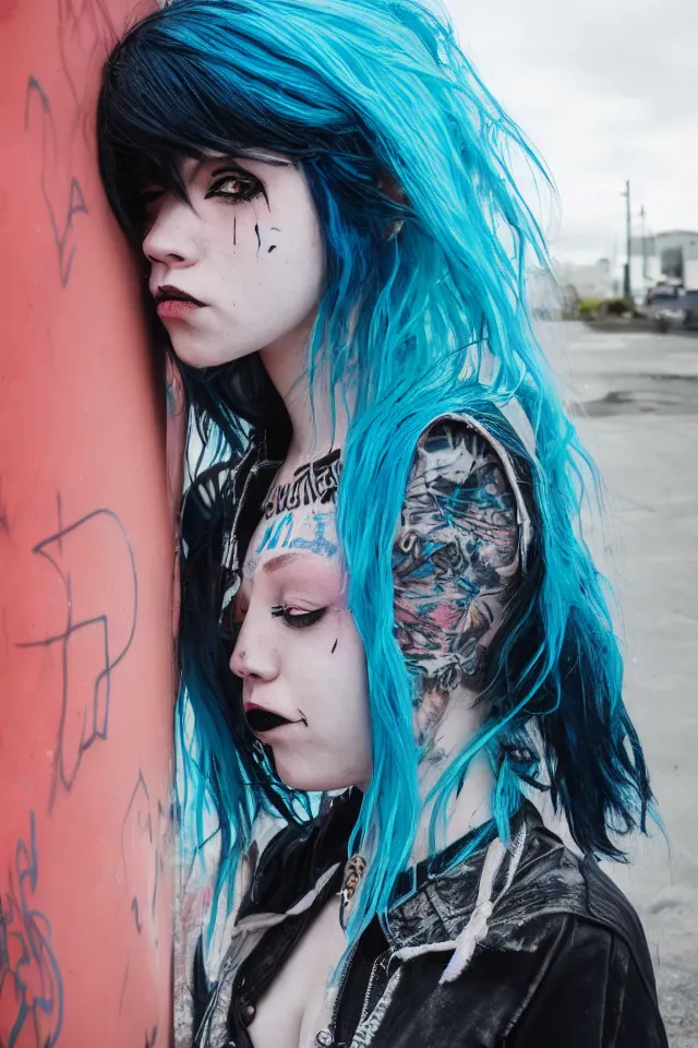 Image similar to a portrait of a grunge emo girl who has blue hair, a nose ring, black nails, fish net leggings, and is outside of a abandoned building with graffiti on it. Shallow depth of field. 4k hyperdetailed. Rendered with octane.