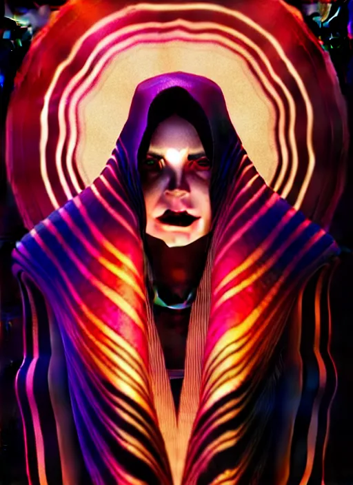 Image similar to book cover, front portrait, dark witch with black hood and evil eyes, realism, soft, smooth, luminescent, art nouveau tarot, backlit glow, colorful swirly ripples, gaudy colors, aesthetic octane render, unreal engine, 8 k, by artgerm, greg rutkowski, alphonse mucha