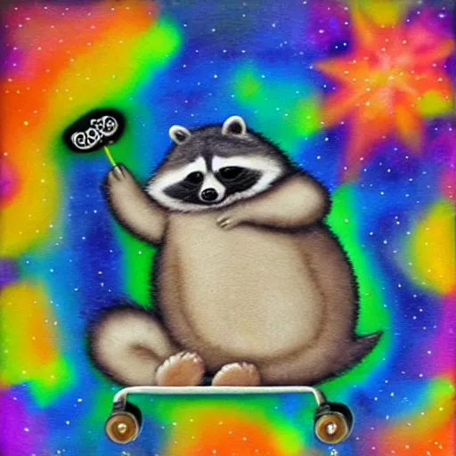 Image similar to fat raccoon skating through the cosmos, colorful, realistic, photorealism