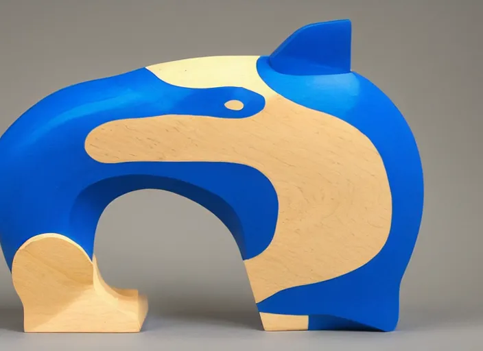 Image similar to a minimalist curvy shaped sculpture of hippopotamus!, ( ( wood ) ) and ( ( blue epoxy ) ) on top mix, cubic blocks stripes cuts, side view profile centered, studio, design, object, reddit