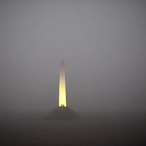 Image similar to magical glowing obelisk standing on a plain in the moonshine at night. foggy. eerie.