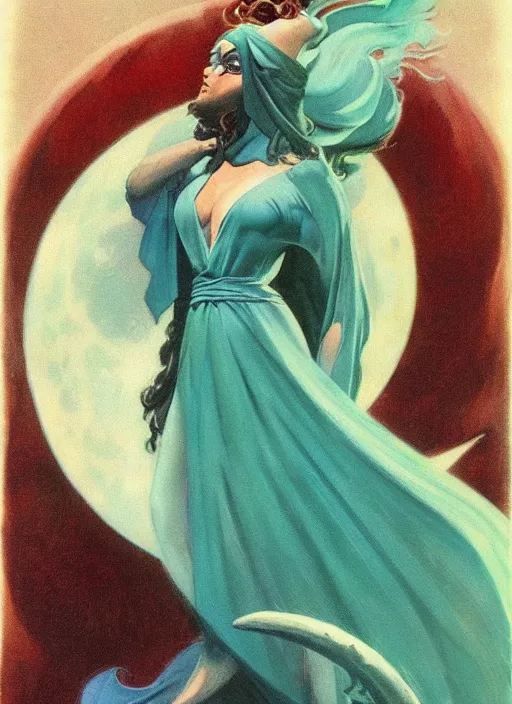 Image similar to portrait of plump norse goddess of the moon, teal robe and veil, strong line, deep color, beautiful! coherent! by frank frazetta, by boris vallejo