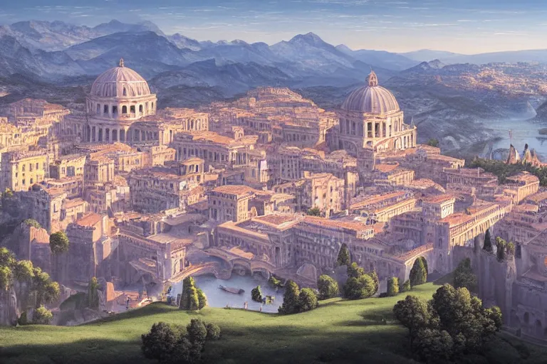 Prompt: an ultra detailed matte landscape painting of an italian renaissance capital city built on top of a large hill sweeping vista, italian renaissance architecture, ultrawide lense, aerial photography, 8 k, volumetric lighting, smooth, highly detailed, digital illustration, art by greg rutkowski and akira toriyama and artgerm