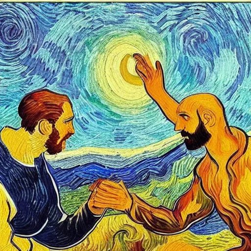 Prompt: The Creation of Adam in the style of Van Gogh