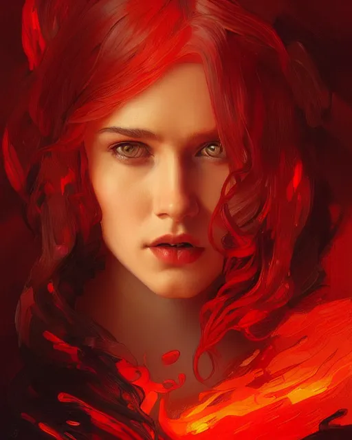 Image similar to emily rajtkowski, lake, red, flames everywhere, highly detailed, digital painting, artstation, concept art, smooth, sharp focus, illustration, art by artgerm and greg rutkowski and alphonse mucha