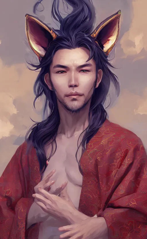 Prompt: An beautiful digital painting of a beautiful man with fox ears and nine tails wearing a kimono, by Stanley Artgerm Lau, WLOP, Rossdraws, James Jean, Andrei Riabovitchev, Marc Simonetti, and Sakimichan, tranding on artstation, SFW version