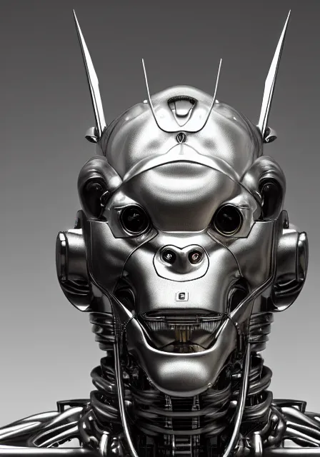 Prompt: potrait hyper detail portrait of a mechanical ape cyborg, silver, sci fi, complex 3 d render, art by kazuhiko nakamura and hajime sorayama, ryohei hase, 8 k octane detailed render, post - processing, dramatic studio lighting, extremely hyperdetailed, intricate futuristic mechanic parts, sharp focus, blender, masterpiece, trending on artstation