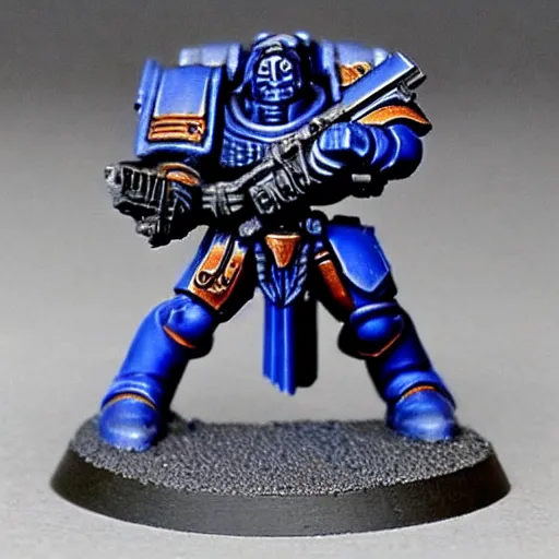 Prompt: An ultramarine who shoots a bolter at a House demon, in the background there are many other ultramarines who also open fire on demons, a very beautiful style,Warhammer Trailer Style 40000, Very detailed picture,