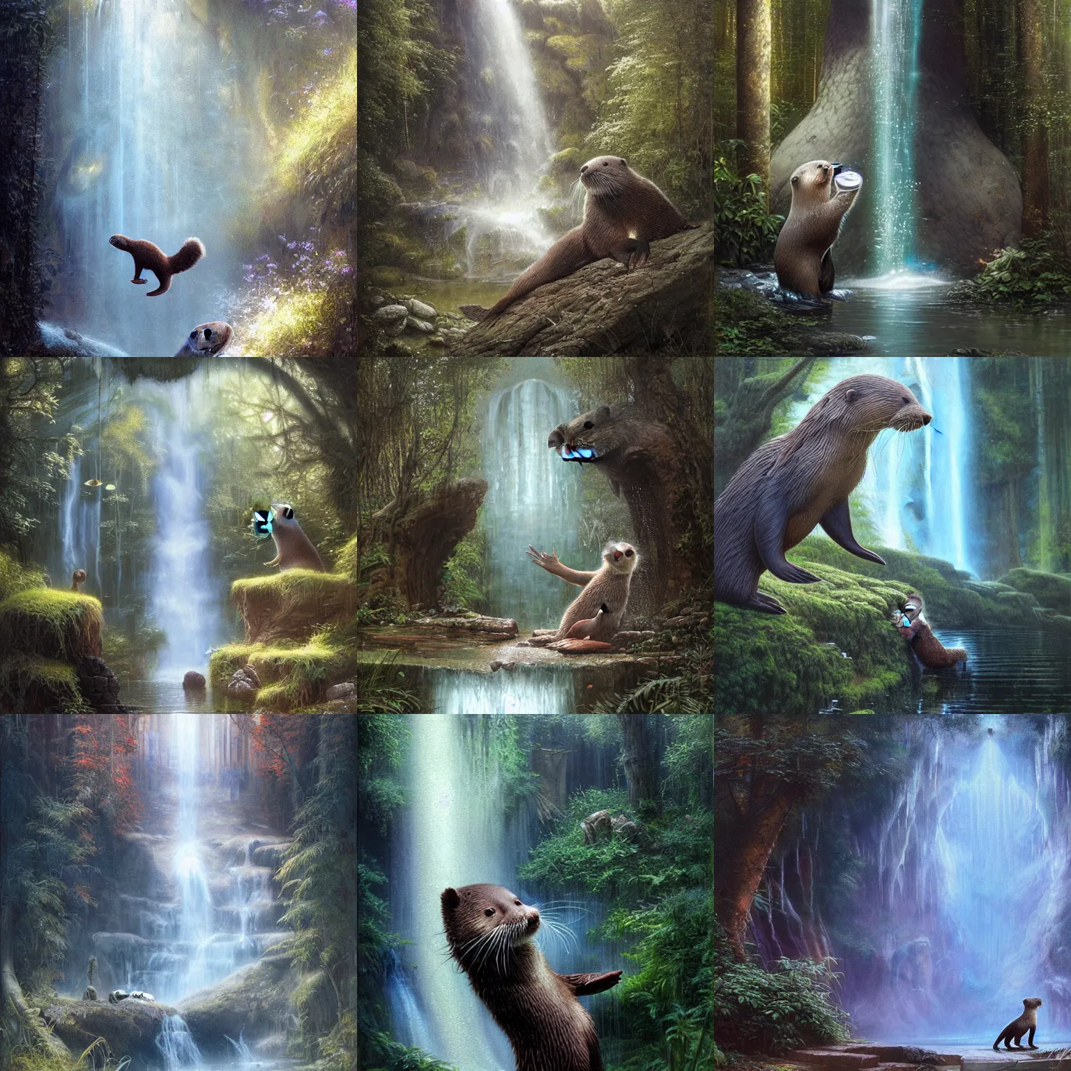 Prompt: A cute otter playing in front of a huge ethereal waterfall by Greg Rutkowski by Tomasz Alen Kopera and greg rutkowski