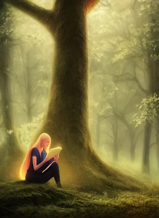 Image similar to portrait, blond girl sits in mystical misty forest, reading under a tree, fireflies, dramatic lighting, cinematic, establishing shot, extremly high detail, foto realistic, cinematic lighting, post processed, concept art, artstation, matte painting, style by eddie mendoza, raphael lacoste, alex ross