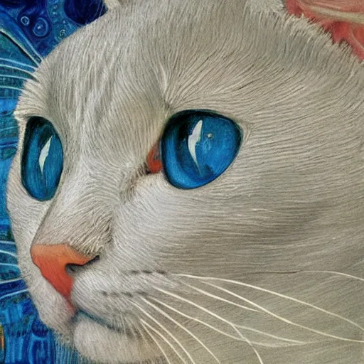 Image similar to portrait of a white cat with a black spot on head and blue eyes, intricate, elegant, highly detailed, smooth, sharp focus, illustration, art by gustav klimt