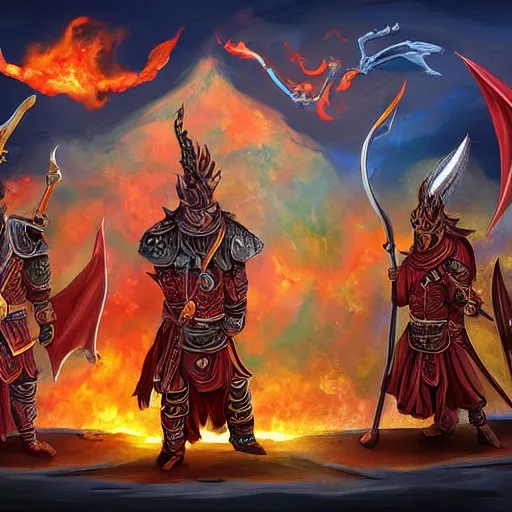 Prompt: the band of adventurers stand before the great dragon, digital art, epic power pose, flames and chaos