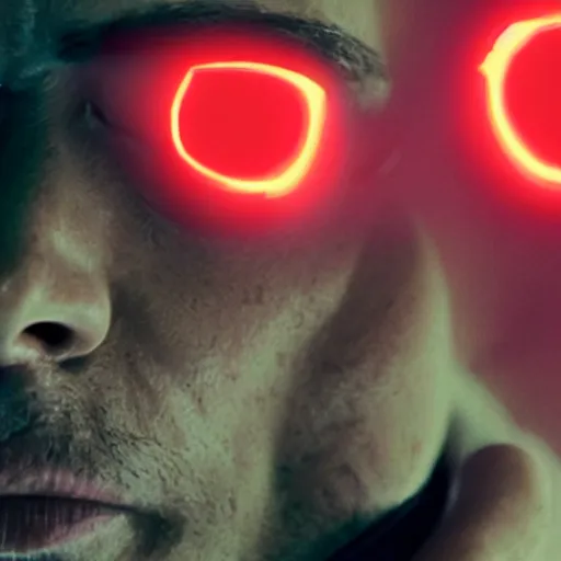 Prompt: still of leonardo dicaprio half cyborg, film grain, red glowing eyes, red lens flare