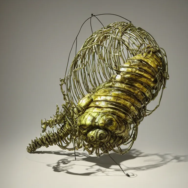 Prompt: hyperrealistic sculpture of a bronze fossilized trilobite isopod in a large cage made of green plastic wire on a pedestal by ron mueck and duane hanson and lee bontecou, hyperrealistic dramatic colored lighting trending on artstation 8 k