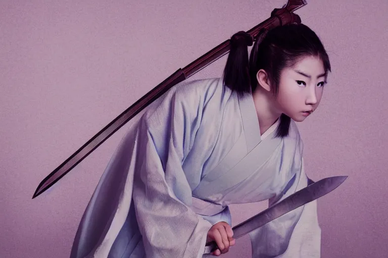 Image similar to beautiful photo of a young female samurai, practising sword stances, symmetrical face, beautiful eyes, huge oversized anime style sword, highly detailed, 8 k, award winning photo, muted pastels, action photography, 1 / 1 2 5 shutter speed, dramatic lighting