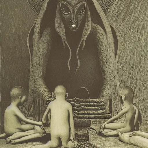 Image similar to Baphomet is reading a book, children gather around him by Zdzisław Beksiński