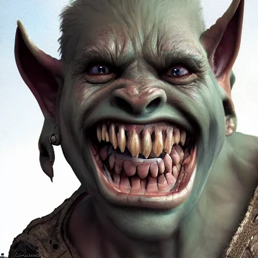 Image similar to a detailed portrait of a cute child orc boy smiling, fantasy art illustration, incredibly highly detailed and realistic, 8 k, sharp focus