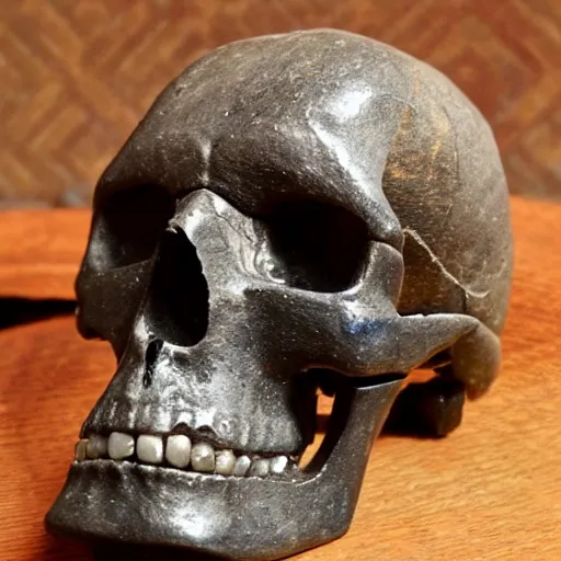 Image similar to human skull made of obsidian and amethyst, gold runic carvings