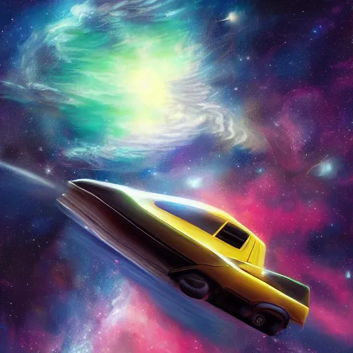 Image similar to a photorealistic concept art painting of a space van flying in front of a nebula, metal, hyper realistic, trending on artstation