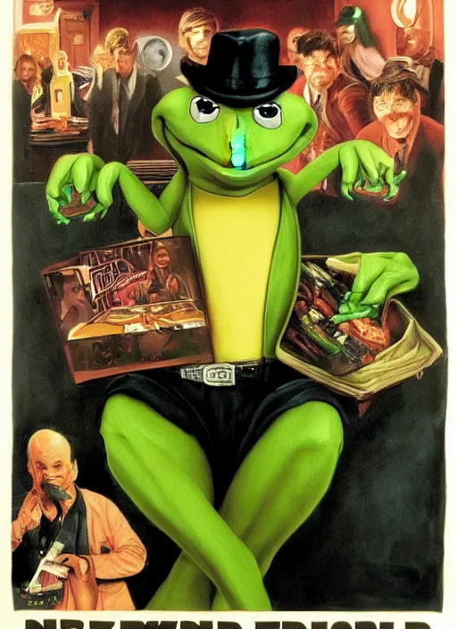 Image similar to poster artwork by Drew Struzan, Drew Struzan of portrait of Kermit the Frog, from scene from Pulp Fiction
