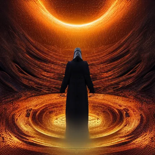 Image similar to award - winning. trending on artstation. 4 k. eerie tone. a figure wearing a layered yellow coat standing in front of a fractal representation of a glowing black hole in space. dark background. full - body. medieval. 4 k.