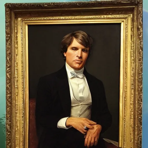 Image similar to Tucker Carlson, portrait, aristocrat, background antebellum south, oil painting