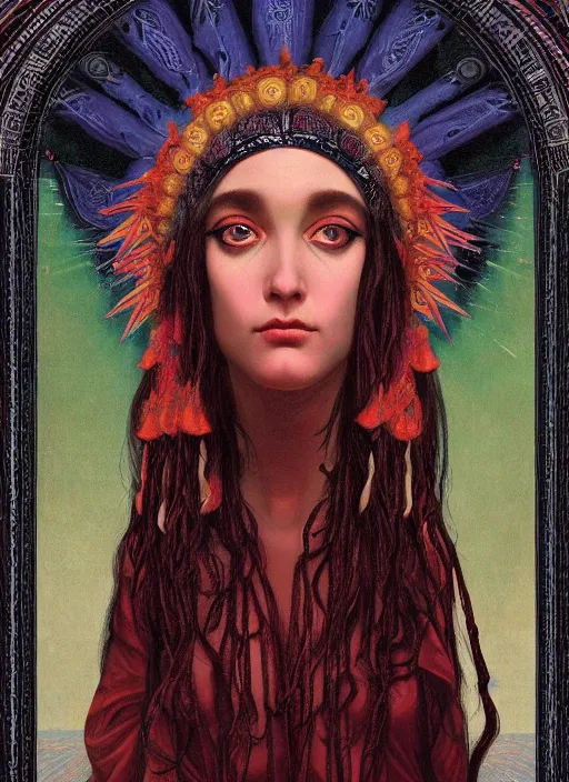 Prompt: acid tripping cult magic psychic woman, third eye, occult ritual, dark witch headdress, oil painting, robe, symmetrical face, greek dark myth, by John William Godward and Anna Dittman, masterpiece