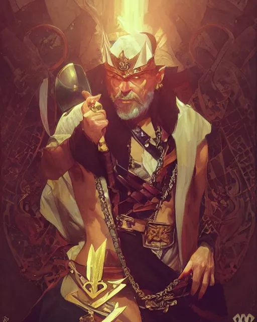 Image similar to The King of Thieves, Dnd Boss, Daggers, Scars, Eyepatch, Broken Gold Shackles, Neck Tattoos, by artgerm and greg rutkowski and alphonse mucha