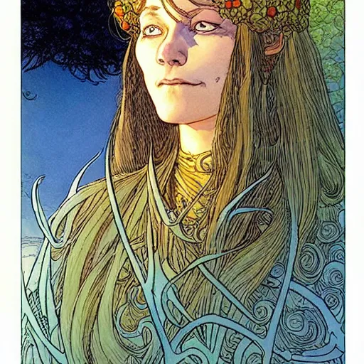 Image similar to a beautiful portrait of sanna!!!!! marin!!!!!, the young female prime minister of finland as a druidic wizard by rebecca guay, michael kaluta, charles vess and jean moebius giraud