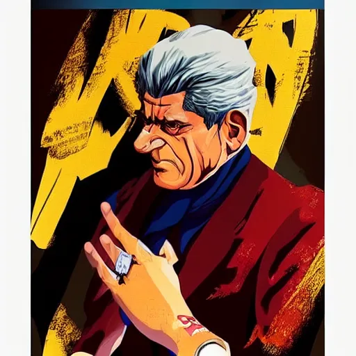 Prompt: jacques lacan doing psychoanalysis in a jojo pose, anime poster by shinkiro and greg rutkowski