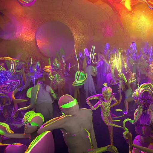 Prompt: octane render of a party in the dmt realm, entities dancing and casting spells on each other, surreal, magical, render in blender, ultra realistic, smooth shading, ultra detailed, high resolution,