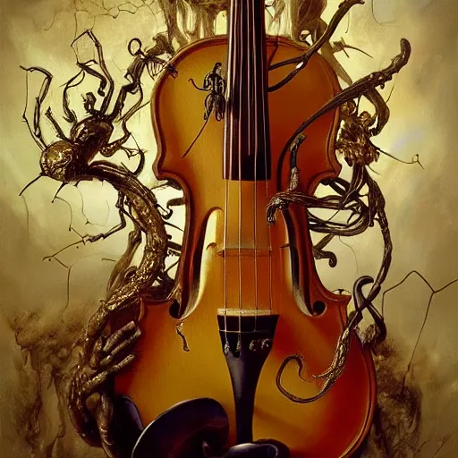 Prompt: bold simple lifelike humanoid baroque oil painting of close view of an ornate gothic violin interior with gold spidery embellishments, night, smoke, ground fog, by peter mohrbacher, by frank frazetta, by alan lee, john howe, da vinci, large depth of field, super detailed, digital art, trending on artstation, ornate