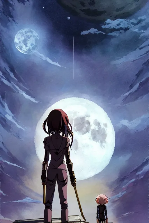 Image similar to a full moon containing the blood and battle glimmering stairways to otherworldly galaxies, high intricate details, rule of thirds, golden ratio, cinematic light, anime style, graphic novel by fiona staples and dustin nguyen, by beaststars and orange, peter elson, alan bean, studio ghibli, makoto shinkai